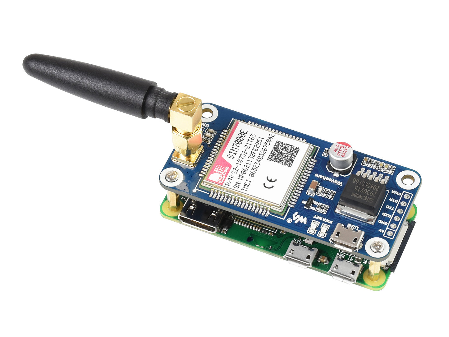 SIM7000E NB-IoT / Cat-M / EDGE / GPRS HAT for Raspberry Pi, GNSS, for Europe, Africa, Australia, Southeast Asia