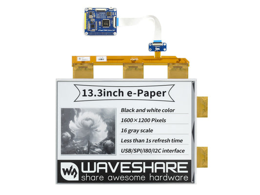13.3inch e-Paper e-Ink Display HAT For Raspberry Pi, 1600×1200, Black / White, 16 Grey Scales, USB / SPI / I80