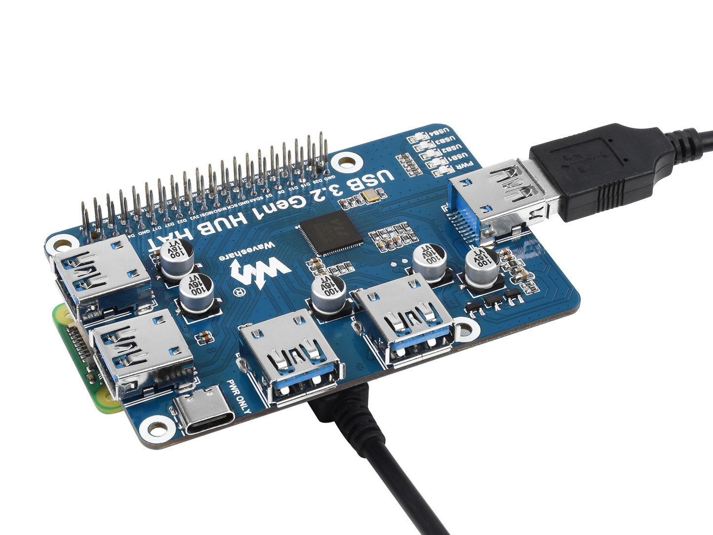 USB 3.2 Gen1 HUB HAT for Raspberry Pi, 4x USB 3.2 Gen1 Ports, Driver-Free