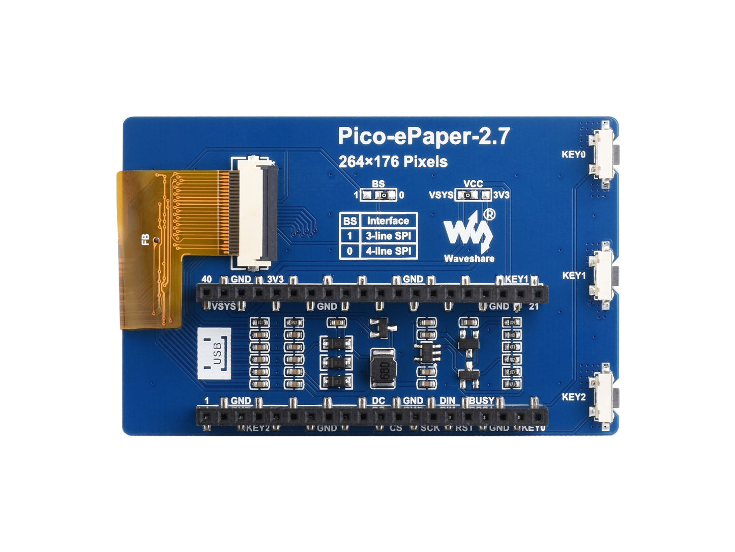 2.7inch E-Paper E-Ink Display Module for Raspberry Pi Pico, 264×176, Black / White, 4 Grayscale, SPI