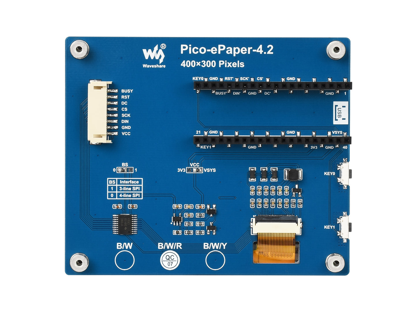 4.2inch E-Paper E-Ink Display Module (B) for Raspberry Pi Pico, 400×300, Red / Black / White, SPI