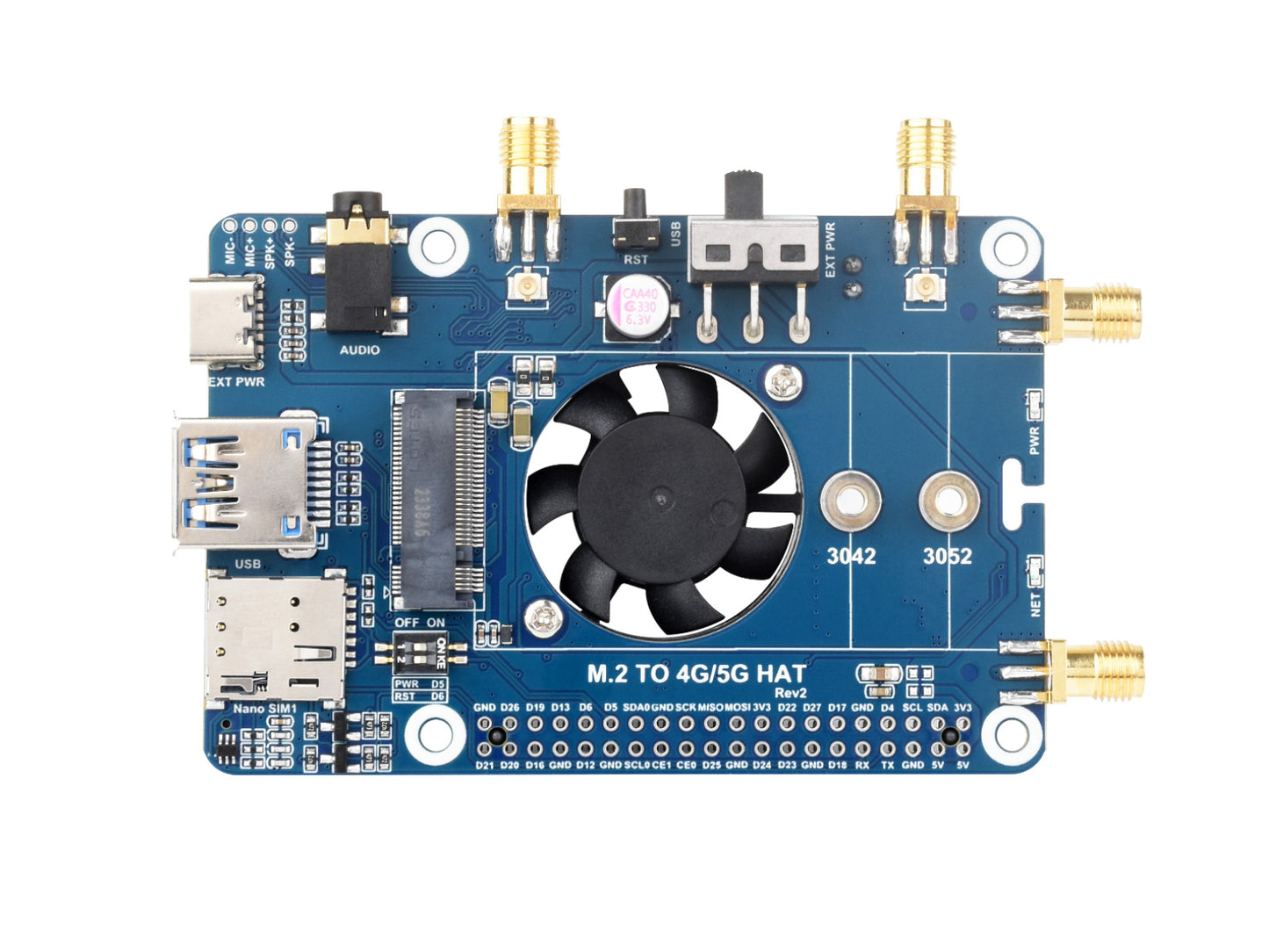 SIM7600G-H M.2 4G HAT for Raspberry Pi, LTE CAT4 High Speed, 4G/3G/2G, GNSS, Global Band