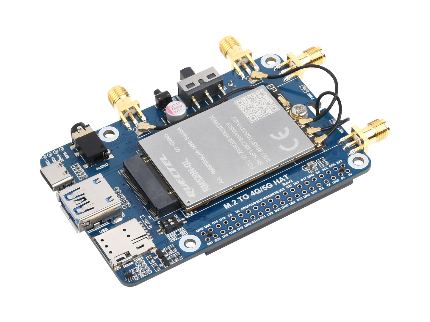 RM520N-GL 5G HAT for Raspberry Pi with Case, Quad Antennas LTE-A, Global Band, GNSS Positioning, Support 3GPP 16, 4G/3G