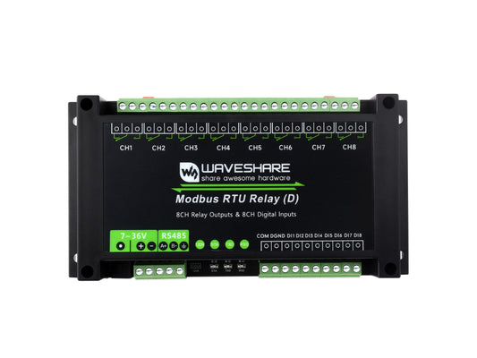 Industrial Modbus RTU 8-ch Relay Module (D) With Digital Input and RS485 Interface, Multi Isolation Protection Circuits, 7~36V Power Supply