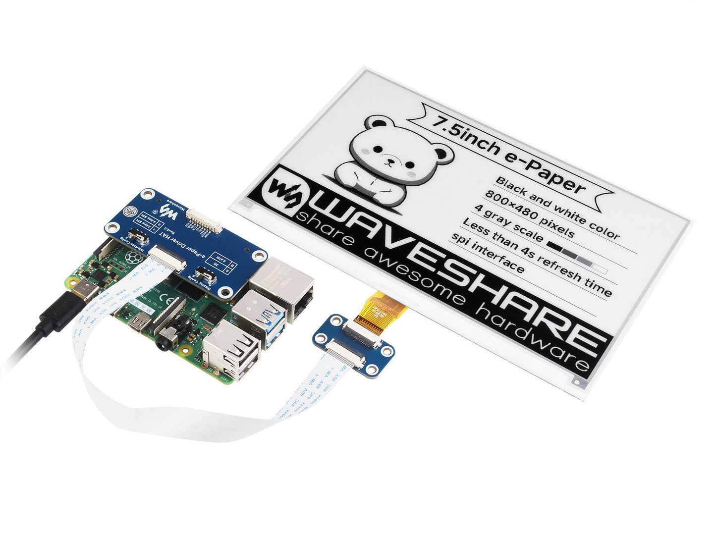 800×480, 7.5inch E-Ink display HAT for Raspberry Pi