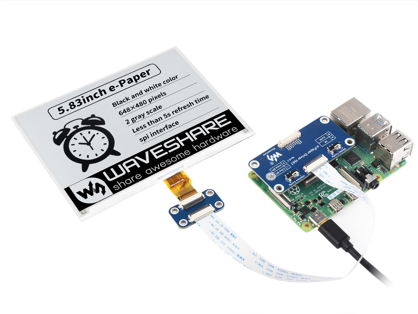 5.83inch E-Paper E-Ink Display HAT For Raspberry Pi, 648×480, Black / White, SPI