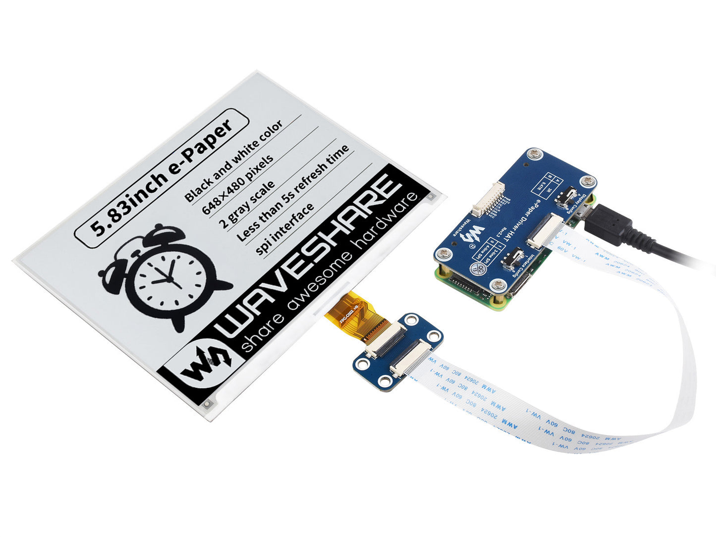 5.83inch E-Paper E-Ink Display HAT For Raspberry Pi, 648×480, Black / White, SPI