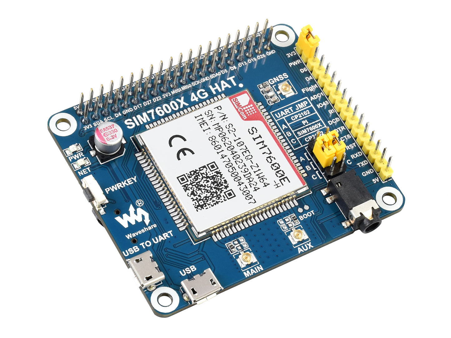 SIM7600E-H 4G HAT für Raspberry Pi, LTE Cat-4 4G / 3G / 2G, GNSS, für Europa, Südostasien, Westasien, Afrika