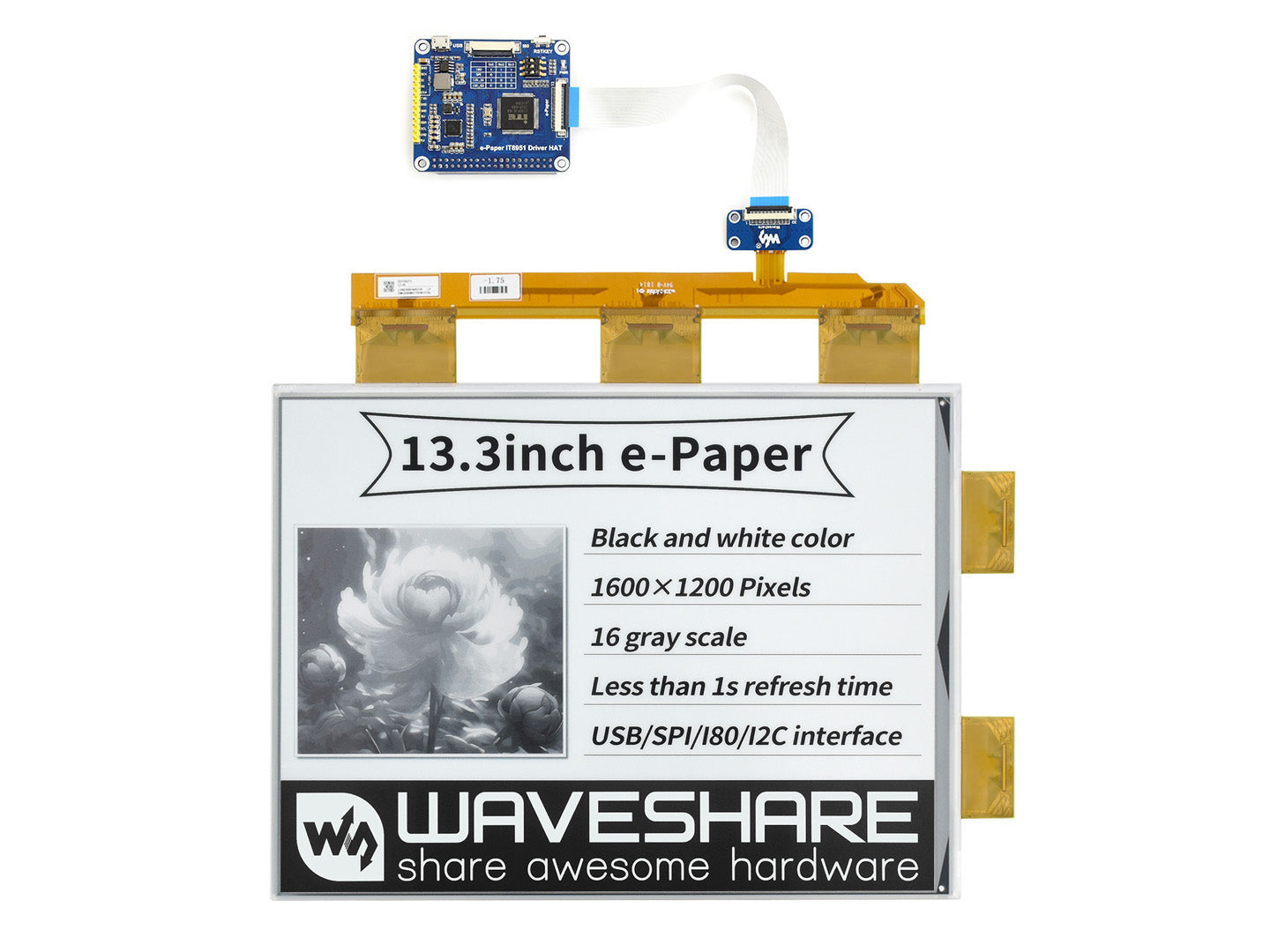 13.3inch e-Paper e-Ink Display HAT For Raspberry Pi, 1600×1200, Black / White, 16 Grey Scales, USB / SPI / I80