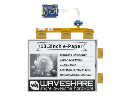 13.3inch e-Paper e-Ink Display HAT For Raspberry Pi, 1600×1200, Black / White, 16 Grey Scales, USB / SPI / I80