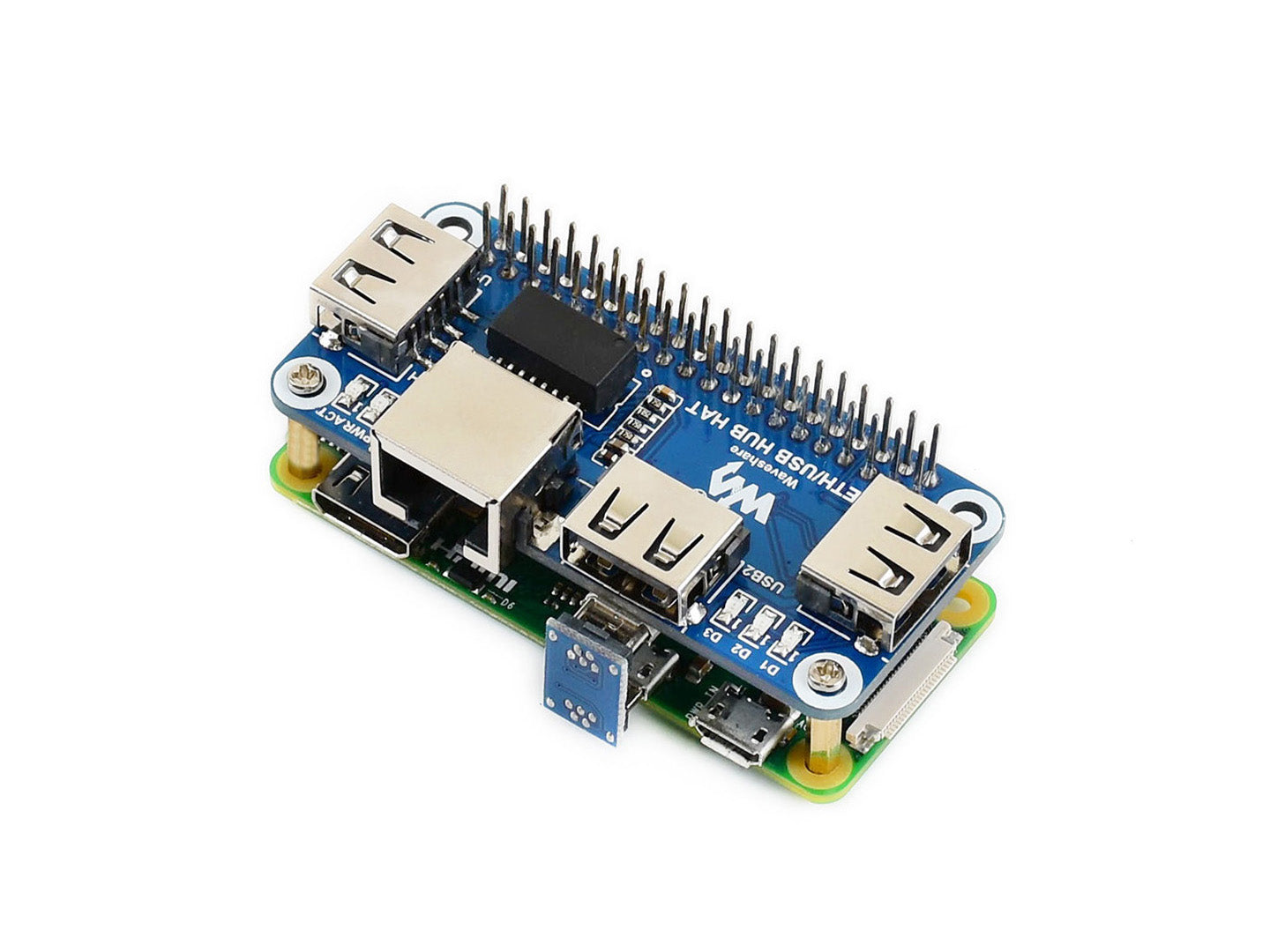 Ethernet / USB HUB HAT for Raspberry Pi, 1x RJ45, 3x USB