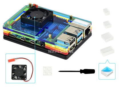 Colorful Rainbow Acrylic Case for Raspberry Pi 4, with Cooling Fan