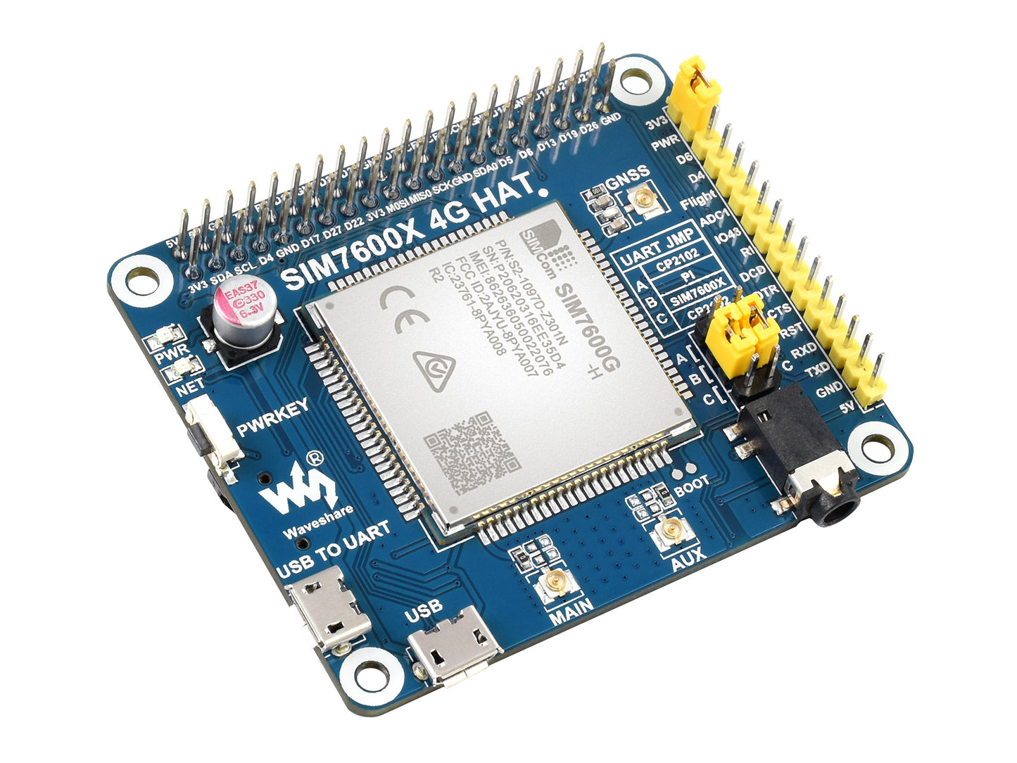 SIM7600G-H 4G HAT For Raspberry Pi, LTE Cat-4 4G / 3G / 2G Support, GNSS Positioning, Global Band