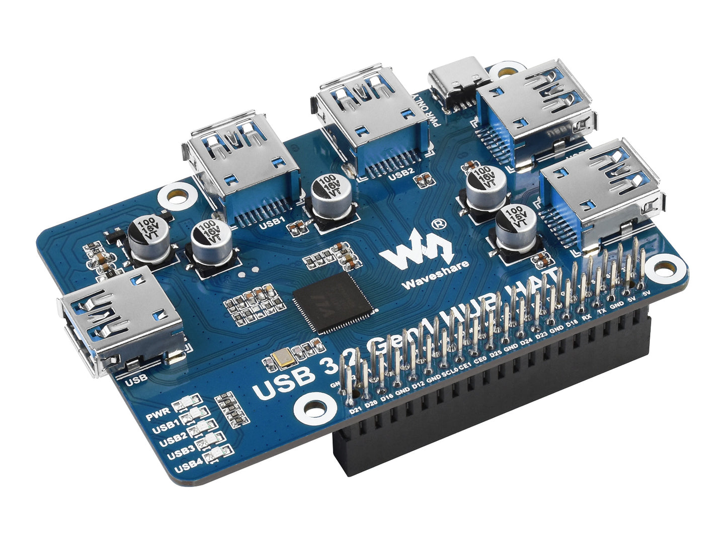 USB 3.2 Gen1 HUB HAT for Raspberry Pi, 4x USB 3.2 Gen1 Ports, Driver-Free