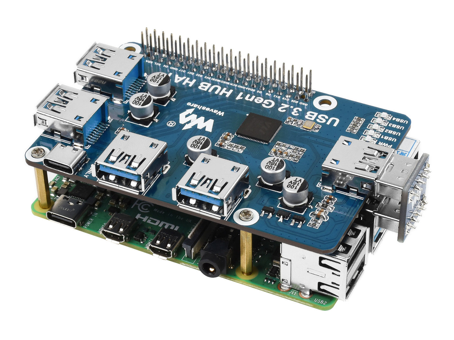 USB 3.2 Gen1 HUB HAT for Raspberry Pi, 4x USB 3.2 Gen1 Ports, Driver-Free