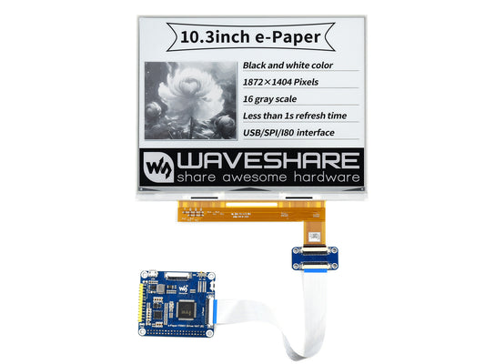 10.3inch e-Paper e-Ink Display HAT For Raspberry Pi, 1872×1404, Black / White, 16 Grey Scales, USB / SPI / I80