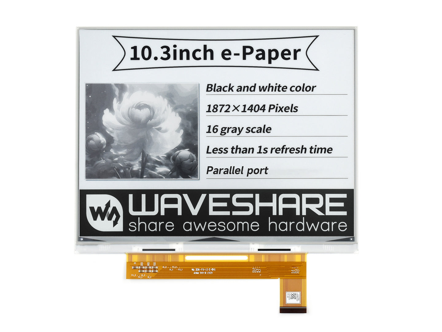 10.3inch e-Paper e-Ink Raw Display, 1872×1404, Black / White, 16 Grey Scales, Parallel Port, without PCB