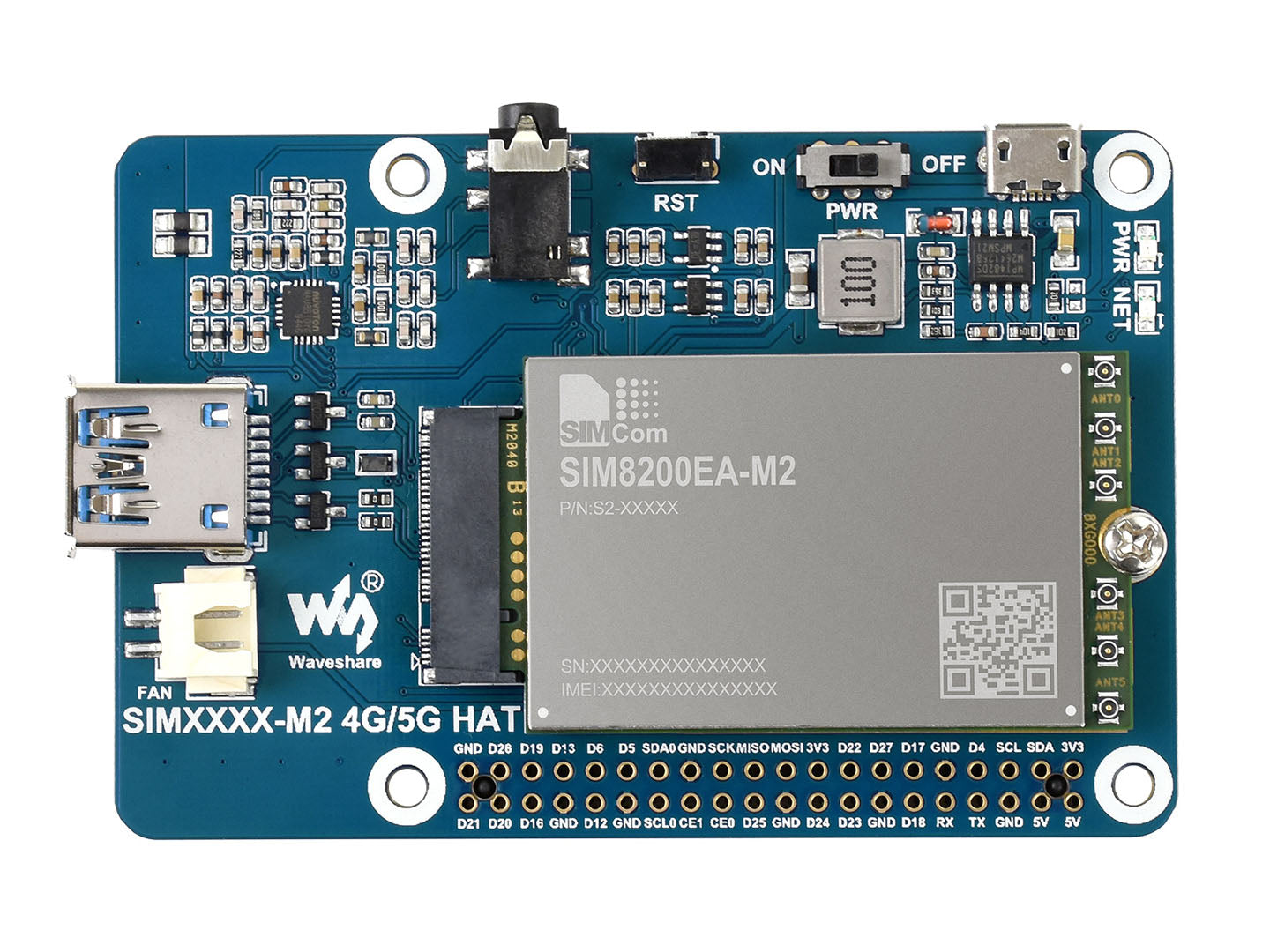 SIM8200EA-M2 5G HAT for Raspberry Pi, 5G/4G/3G Support, Snapdragon X55, Multi Mode Multi Band