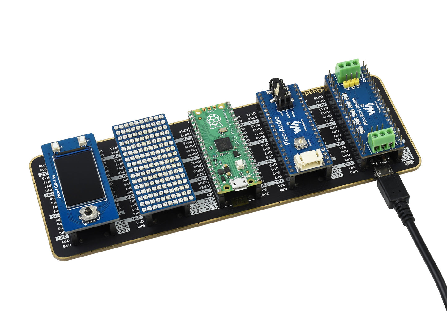 Quad GPIO Expander for Raspberry Pi Pico, Four Sets of Male Headers, USB Power Connector