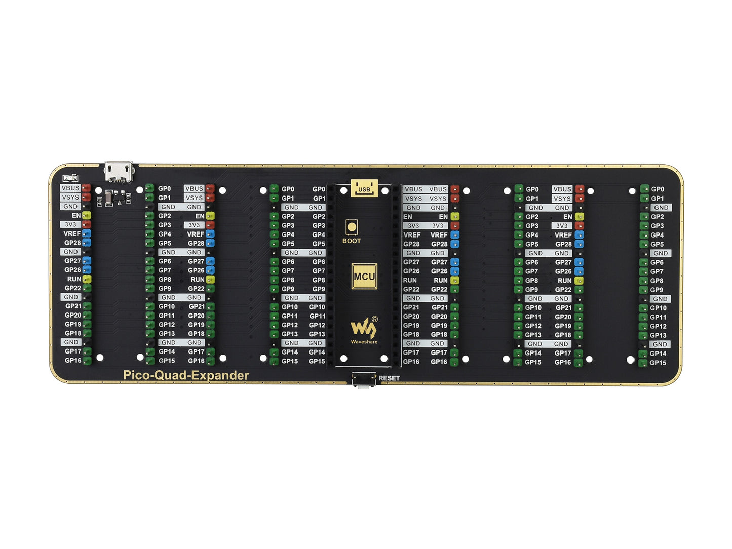 Quad GPIO Expander for Raspberry Pi Pico, Four Sets of Male Headers, USB Power Connector