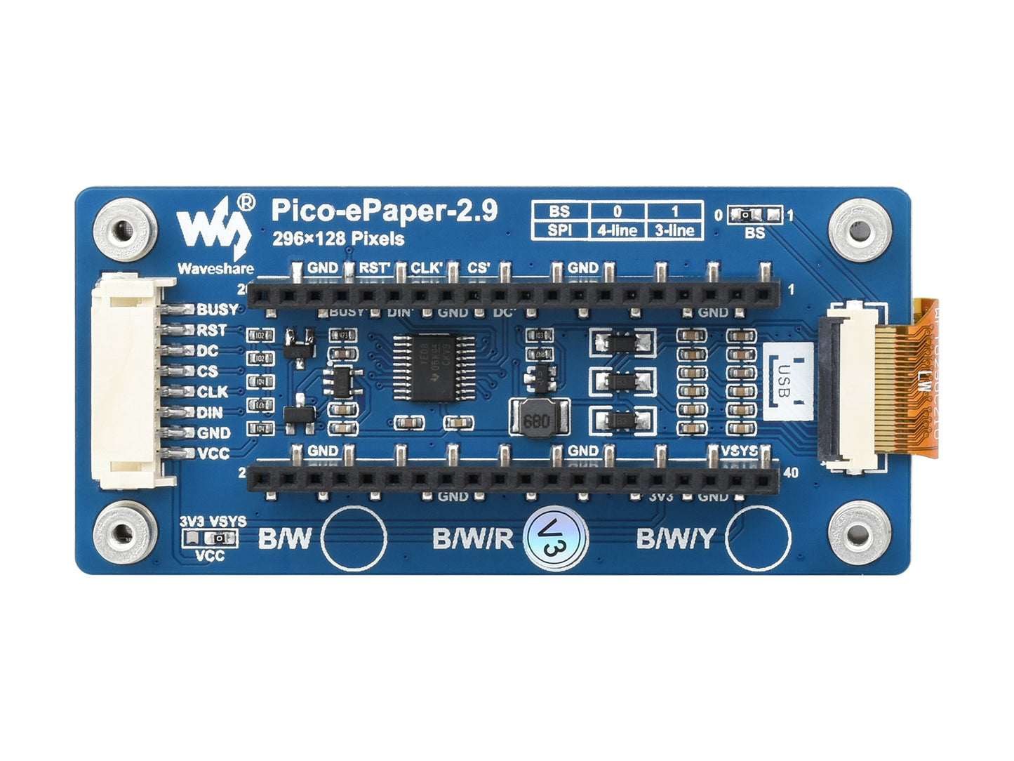 2.9inch E-Paper E-Ink Display Module (B) for Raspberry Pi Pico, 296×128, Red / Black / White, SPI