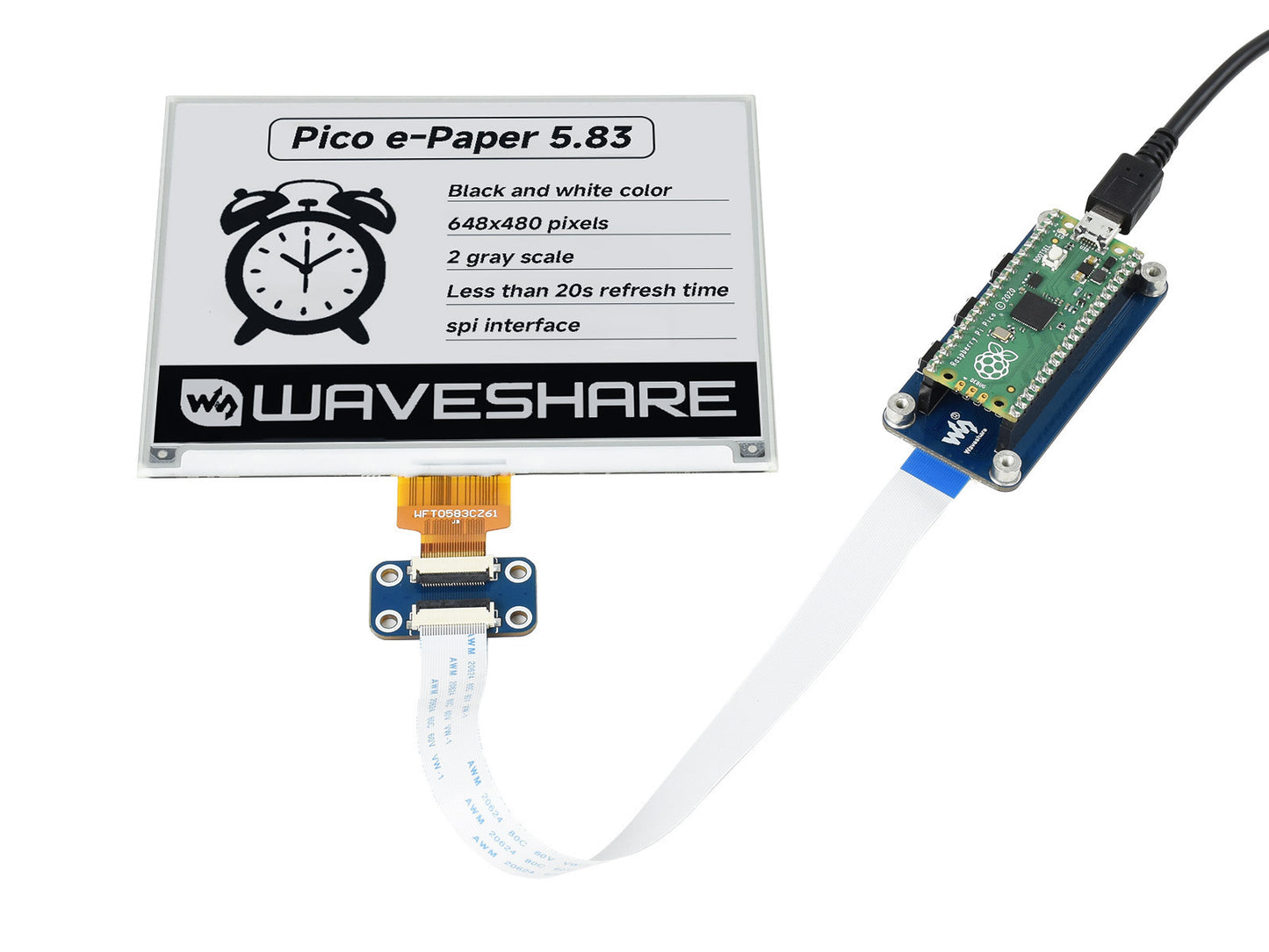 5.83inch E-Paper E-Ink Display Module for Raspberry Pi Pico, 648×480, Black / White, SPI