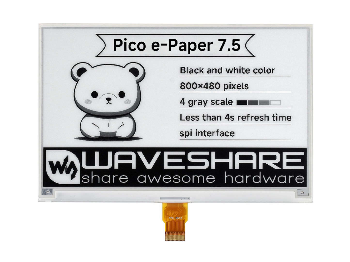 7.5inch E-Paper E-Ink Display Module for Raspberry Pi Pico, 800×480, Black / White, SPI