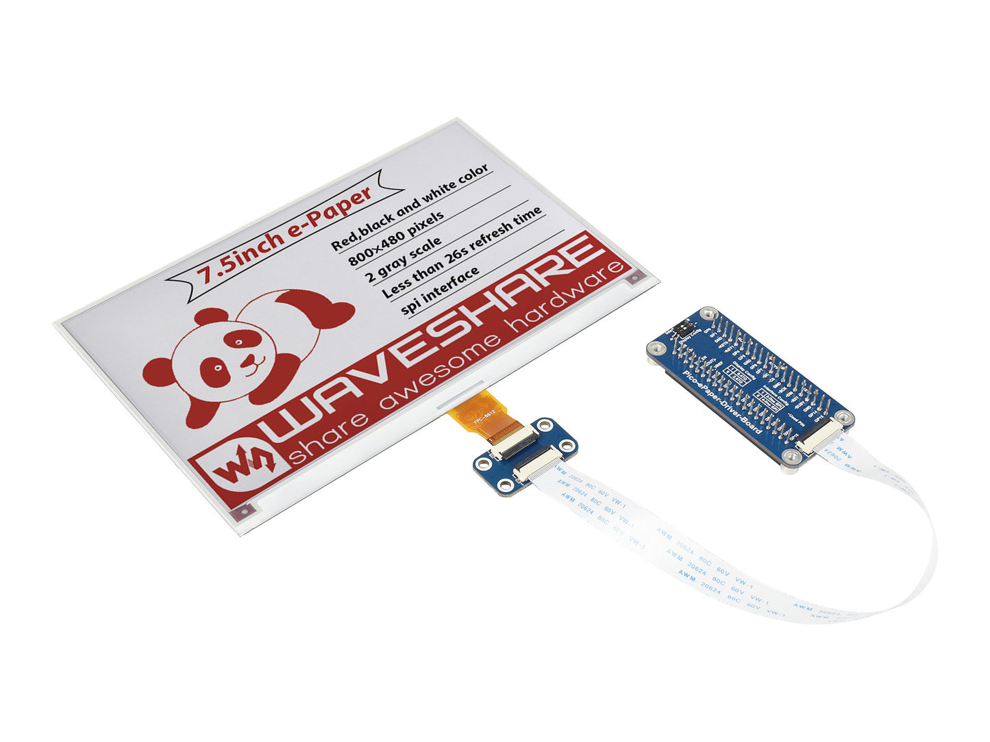 7.5inch E-Paper E-Ink Display Module (B) for Raspberry Pi Pico, 800×480, Red / Black / White, SPI