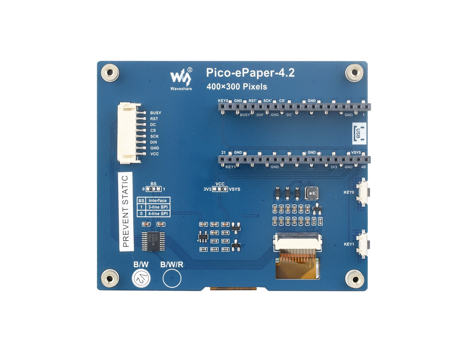 4.2inch E-Paper E-Ink Display Module for Raspberry Pi Pico, 400×300, Black / White, 4 Grayscale, SPI