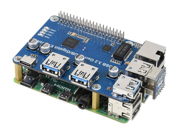 USB 3.2 Gen1 And Gigabit Ethernet HUB HAT for Raspberry Pi, 3x USB, 1x Gigabit ETH, Driver-Free