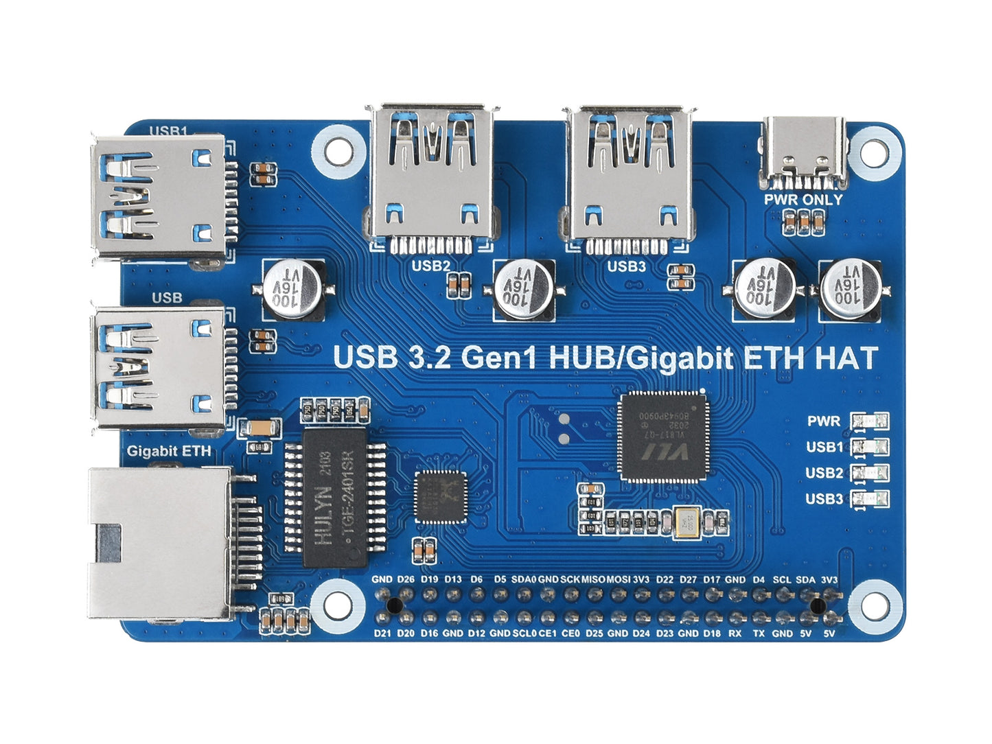 USB 3.2 Gen1 And Gigabit Ethernet HUB HAT for Raspberry Pi, 3x USB, 1x Gigabit ETH, Driver-Free