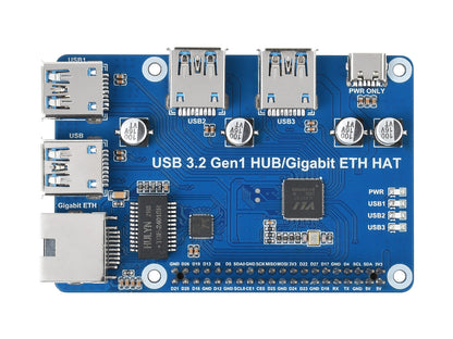 USB 3.2 Gen1 And Gigabit Ethernet HUB HAT for Raspberry Pi, 3x USB, 1x Gigabit ETH, Driver-Free