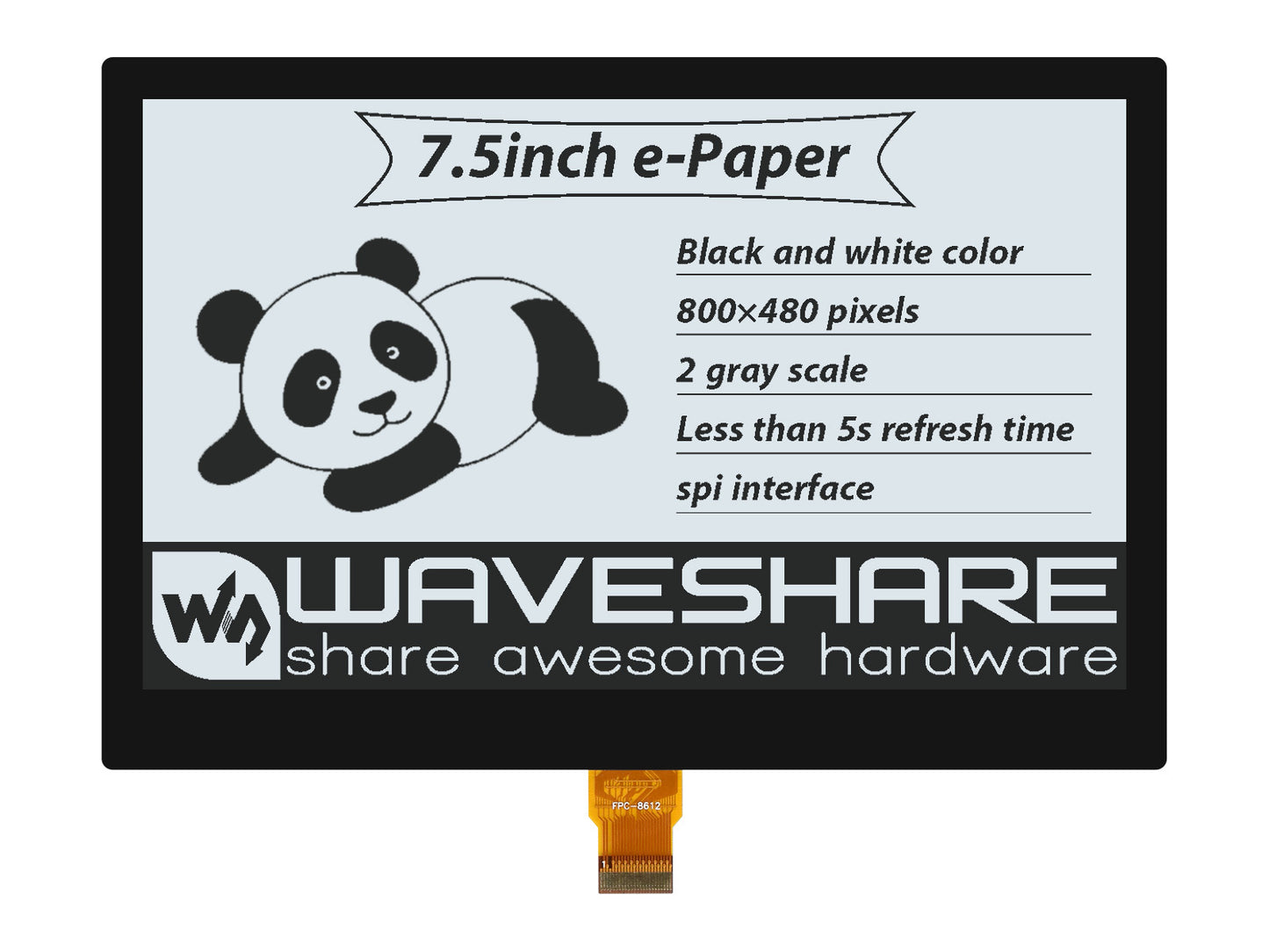 7.5inch e-Paper (G) E-Ink Optical Bonding Display, 800×480, Black / White, SPI, without PCB