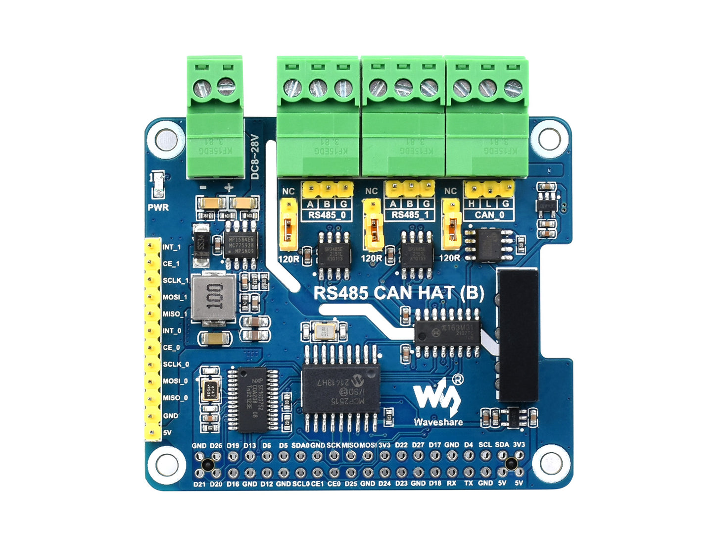 Isolated RS485 CAN HAT (B) For Raspberry Pi, 2-Ch RS485 and 1-Ch CAN, Multi Protections