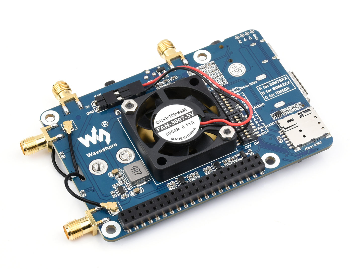 SIM82XX-M2 5G HAT For Raspberry Pi, Quad Antennas 5G NSA, Multi-Band, 5G/4G/3G Compatible, With Case(Optional)