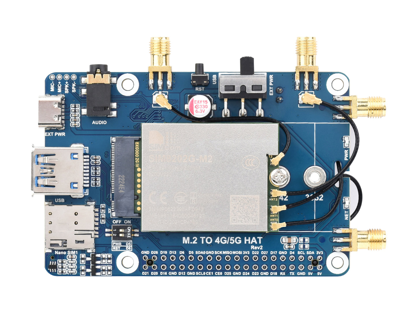 SIM82XX-M2 5G HAT For Raspberry Pi, Quad Antennas 5G NSA, Multi-Band, 5G/4G/3G Compatible, With Case(Optional)