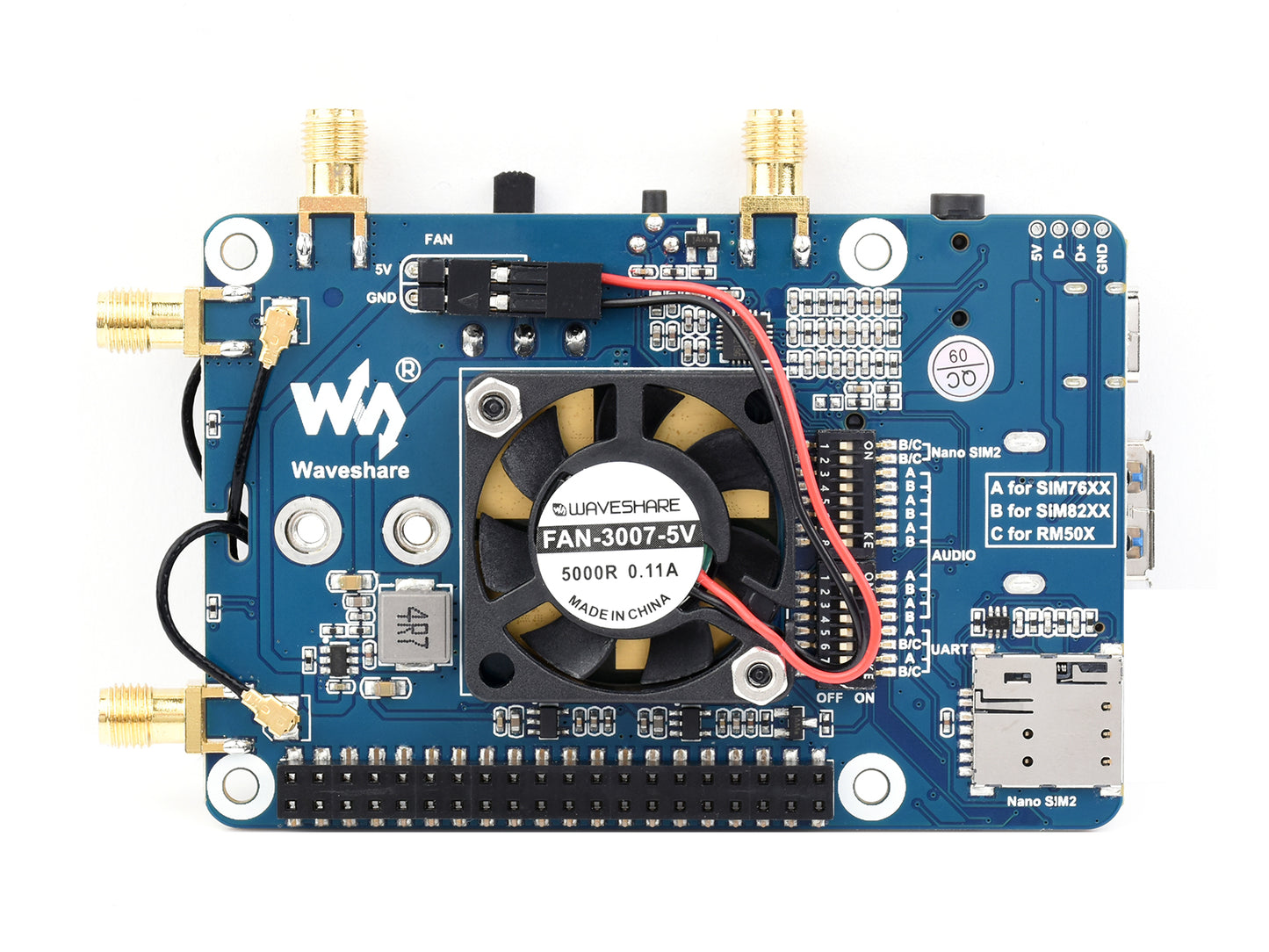 SIM82XX-M2 5G HAT For Raspberry Pi, Quad Antennas 5G NSA, Multi-Band, 5G/4G/3G Compatible, With Case(Optional)