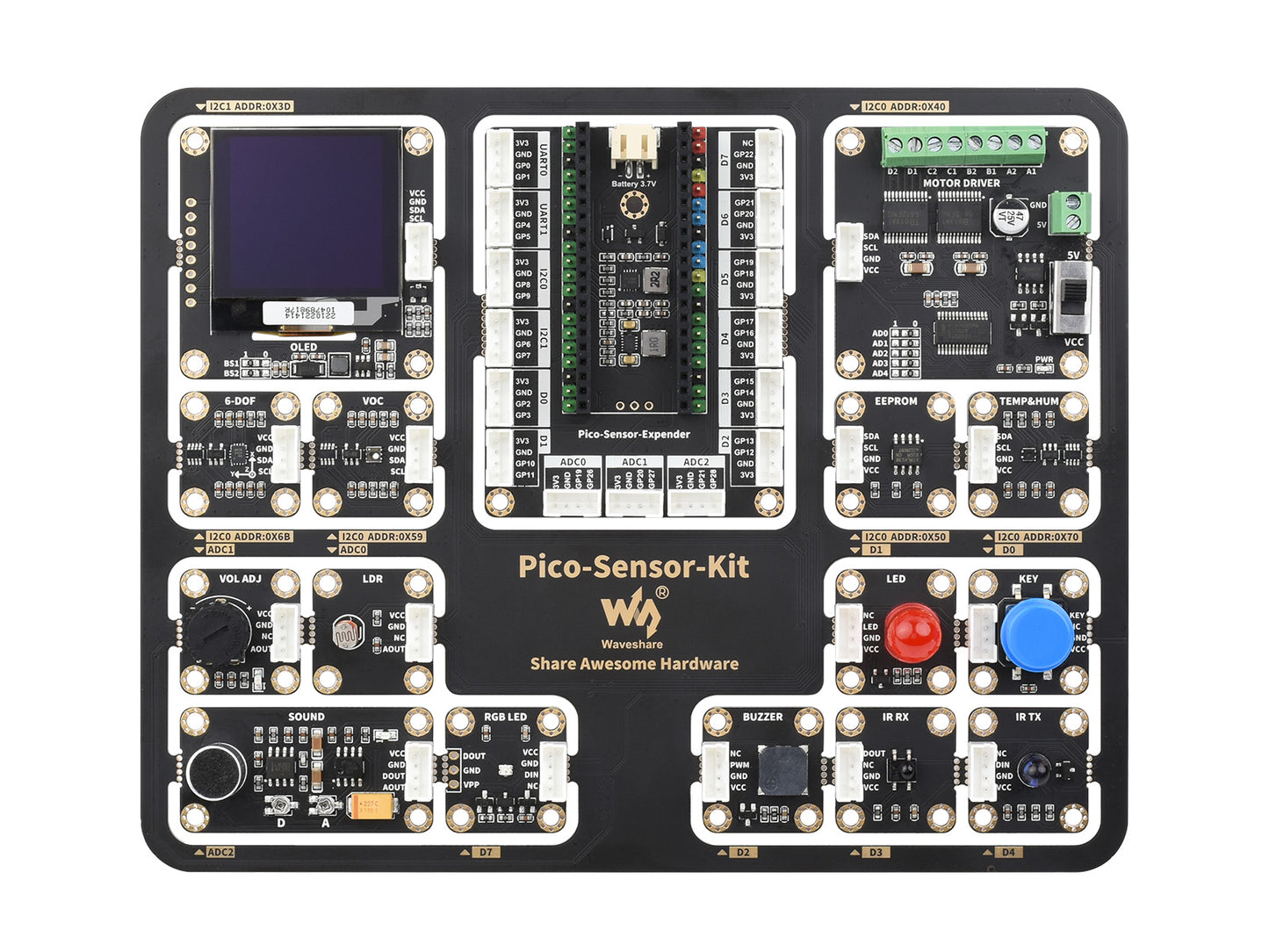Raspberry Pi Pico Entry-Level Sensor Kit, Including Pico Expansion Board and 15 common modules, All-in-one design