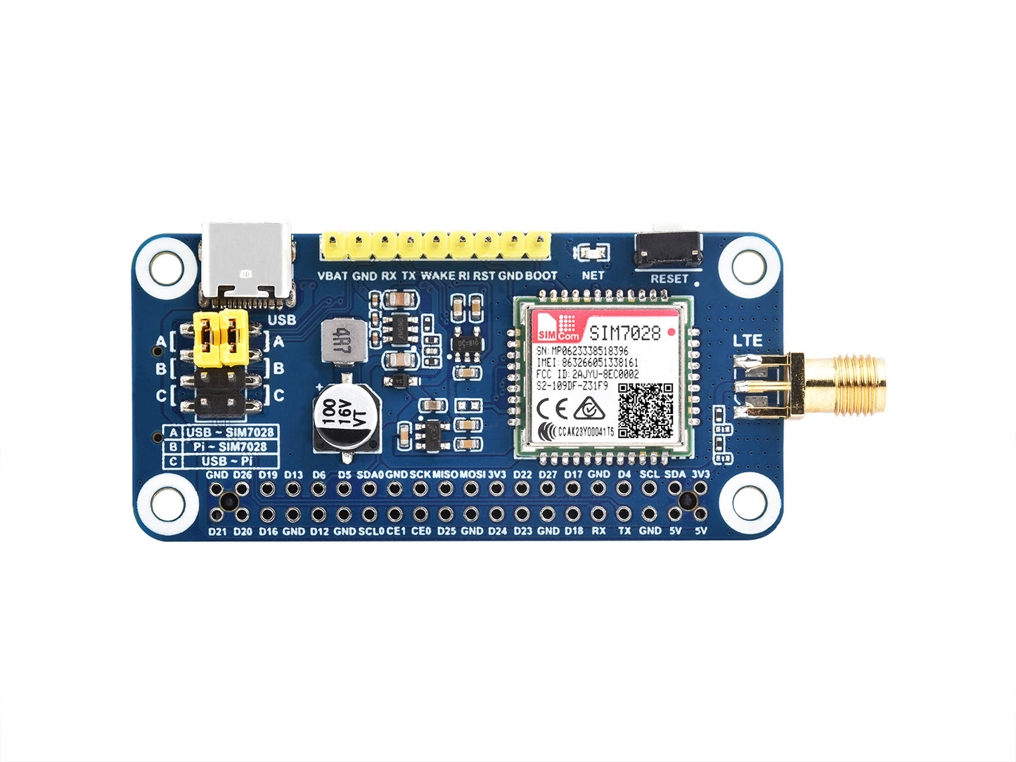SIM7028 NB-IoT HAT for Raspberry Pi, Supports Global Band NB-IoT Communication, Small In Size And Low Power Consumption