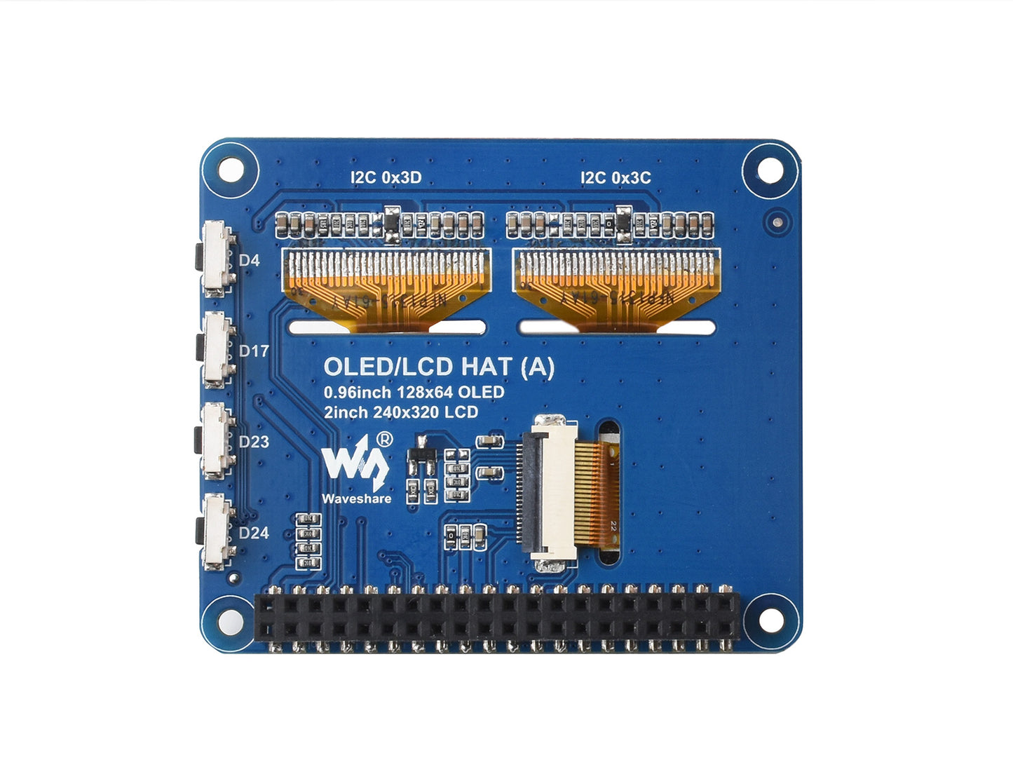 Raspberry Pi OLED/LCD HAT, Onboard 2inch IPS LCD Main Screen and Dual 0.96inch Blue OLED Secondary Screens