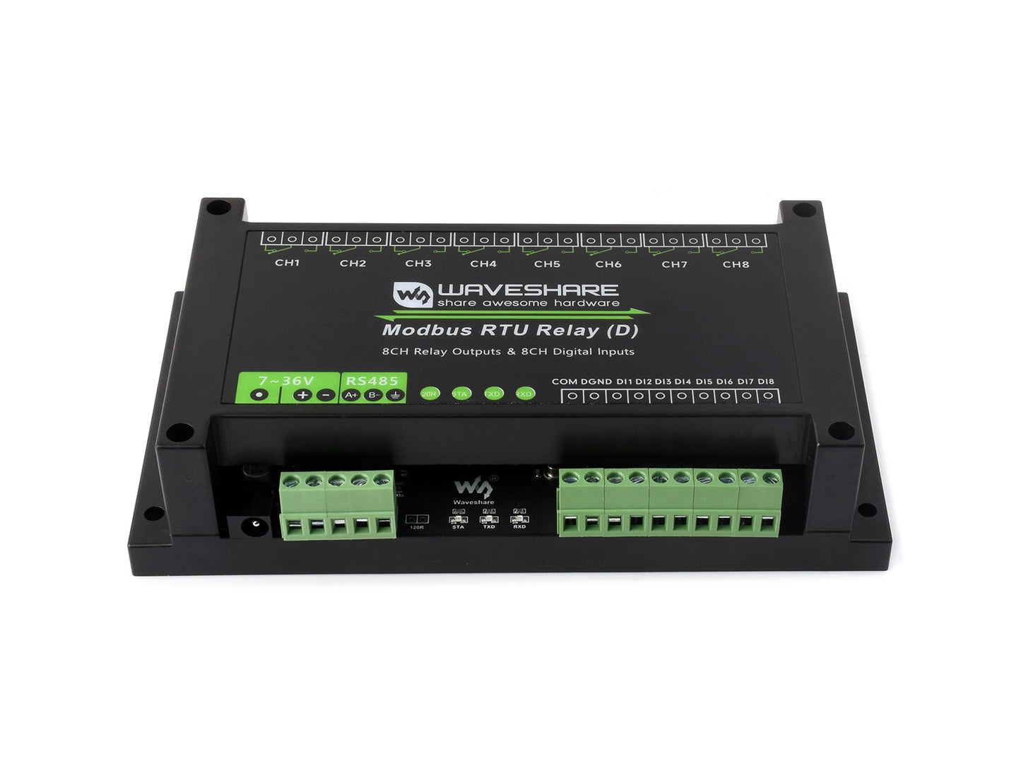 Industrial Modbus RTU 8-ch Relay Module (D) With Digital Input and RS485 Interface, Multi Isolation Protection Circuits, 7~36V Power Supply