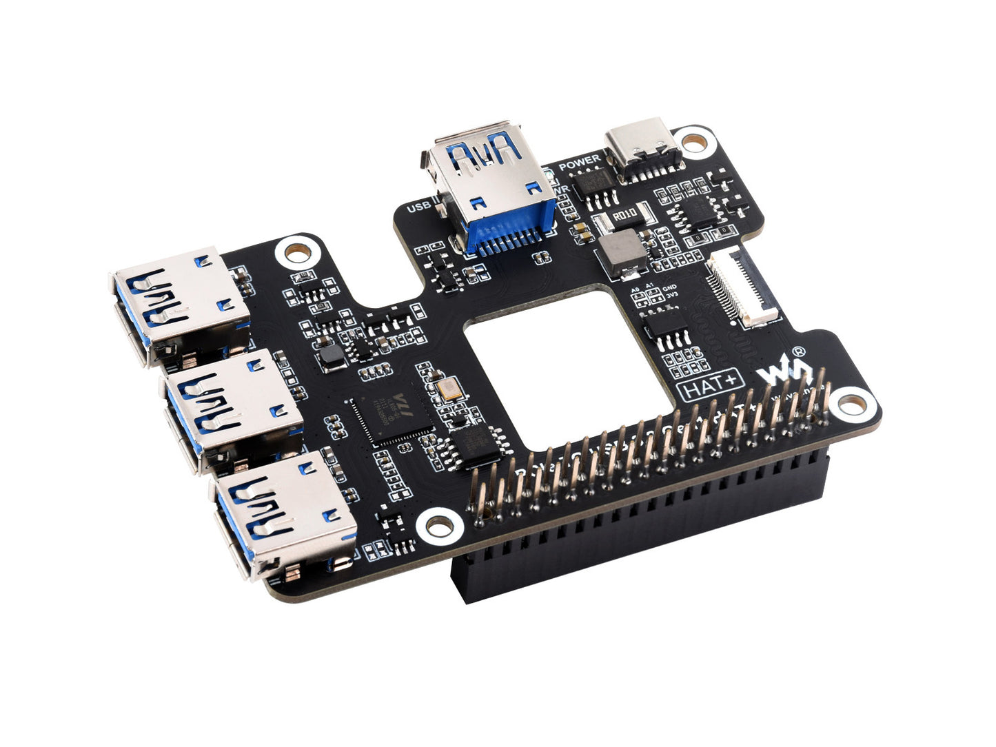 PCIe To USB 3.2 Gen1 HAT for Raspberry Pi 5, PCIe to USB HUB, 4x High Speed USB Ports, driver-free, plug and play, HAT + Standard