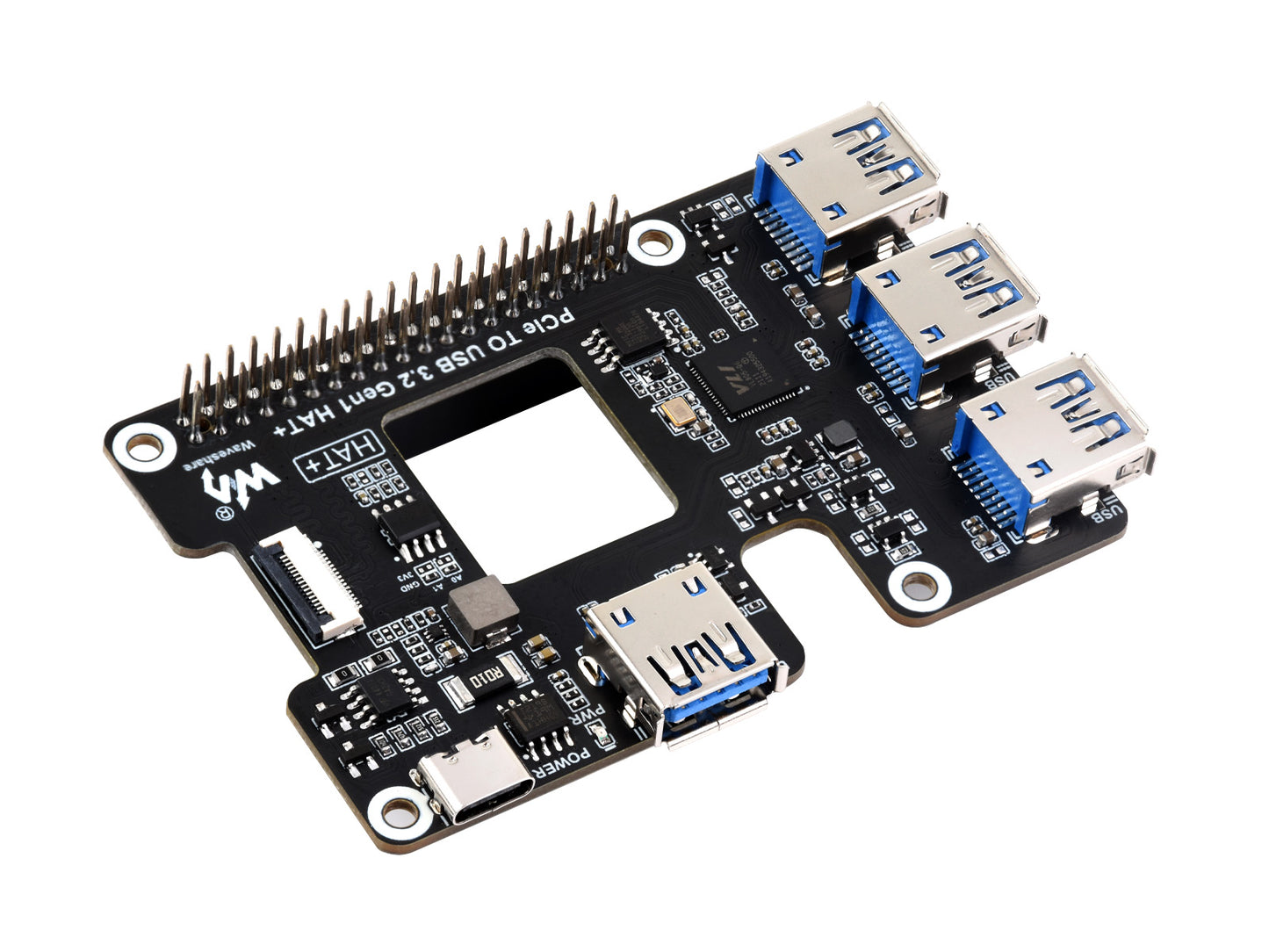 PCIe To USB 3.2 Gen1 HAT for Raspberry Pi 5, PCIe to USB HUB, 4x High Speed USB Ports, driver-free, plug and play, HAT + Standard