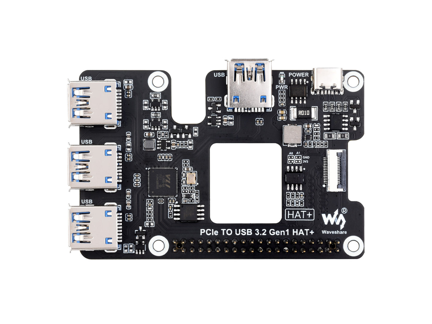 PCIe To USB 3.2 Gen1 HAT for Raspberry Pi 5, PCIe to USB HUB, 4x High Speed USB Ports, driver-free, plug and play, HAT + Standard
