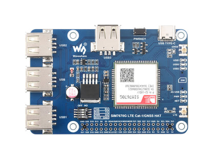 Cat-1/GNSS HAT for Raspberry Pi, Based On SIM7670G module, Global Multi-band LTE 4G Cat-1 support, GNSS positioning, 3x USB 2.0 extended ports