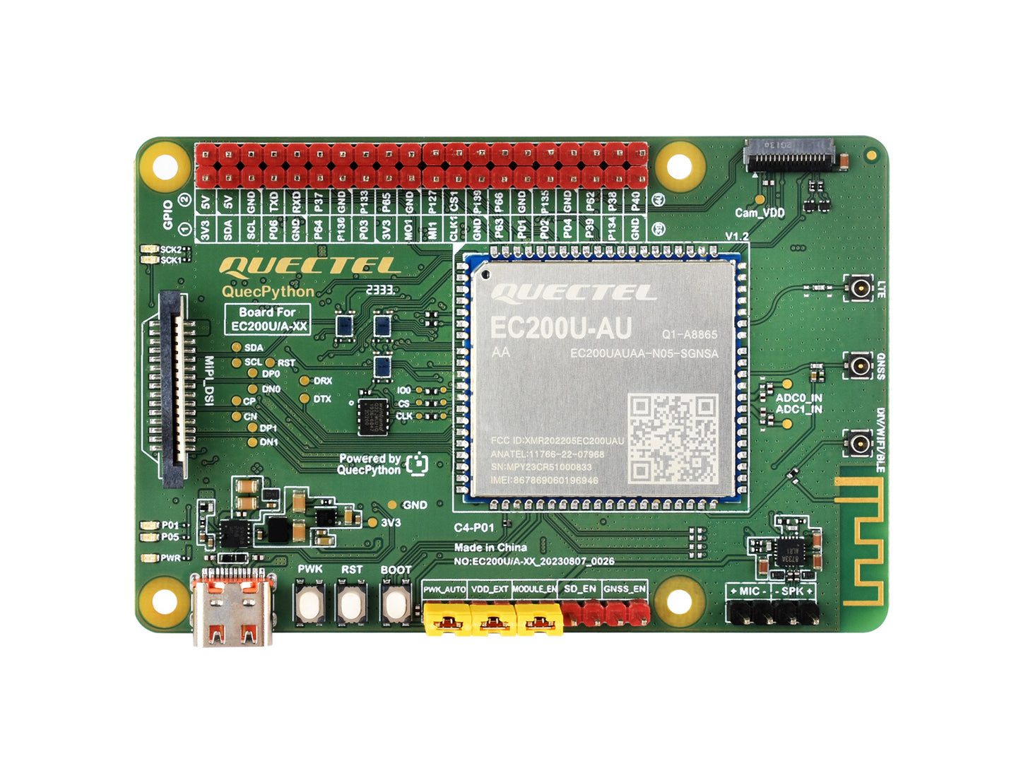 EC200U-AU C4-P01 development board Designed for QuecPython, Multi-Mode & Multi-Band support, LTE Cat-1 / Bluetooth Communication, GNSS Positioning