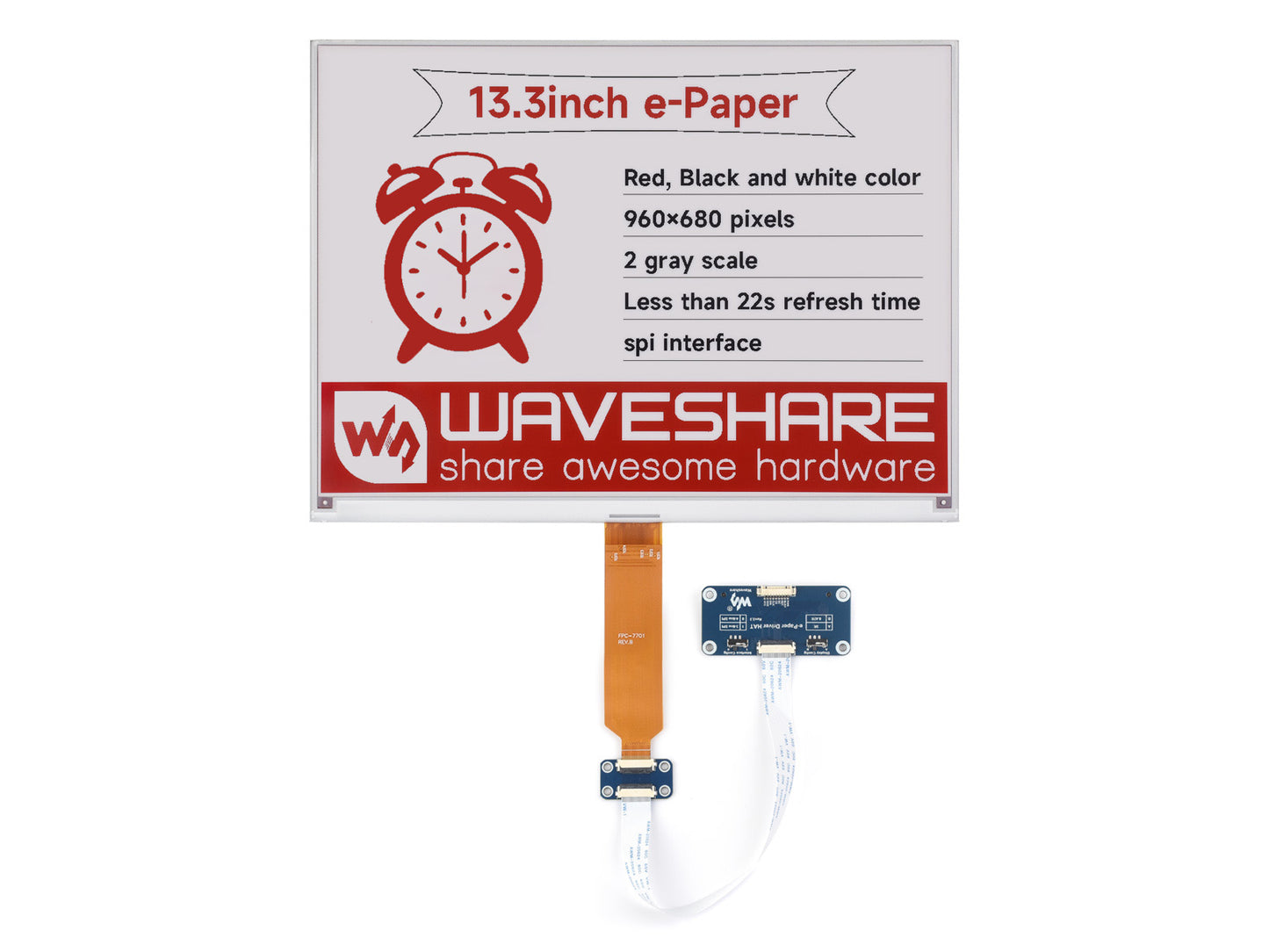 13.3inch e-Paper Display (B), E-Ink Display, 960×680 pixels, Red / Black / White, SPI Communication, Partial Refresh Support, Optional for e-Paper Driver HAT