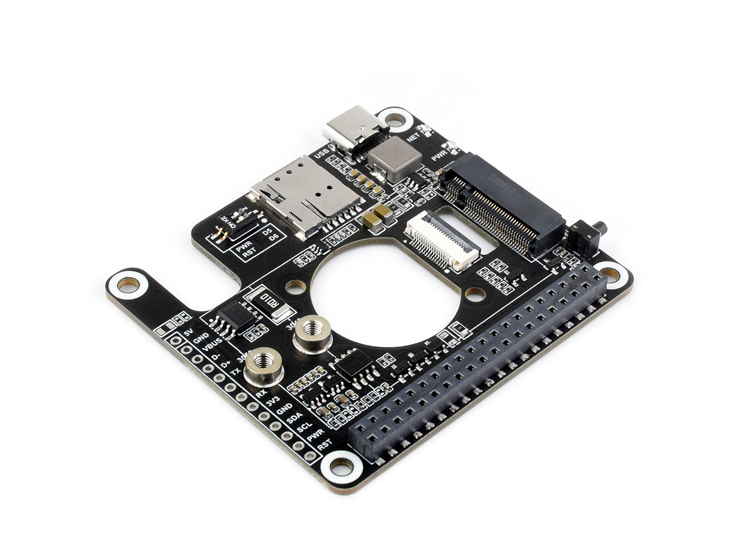 PCIe to 5G/4G/3G HAT designed for Raspberry Pi 5, Compatible with 3042/3052 packages SIMCom/Quectel 5G modules, Raspberry Pi 5 HAT, Options For 5G Module