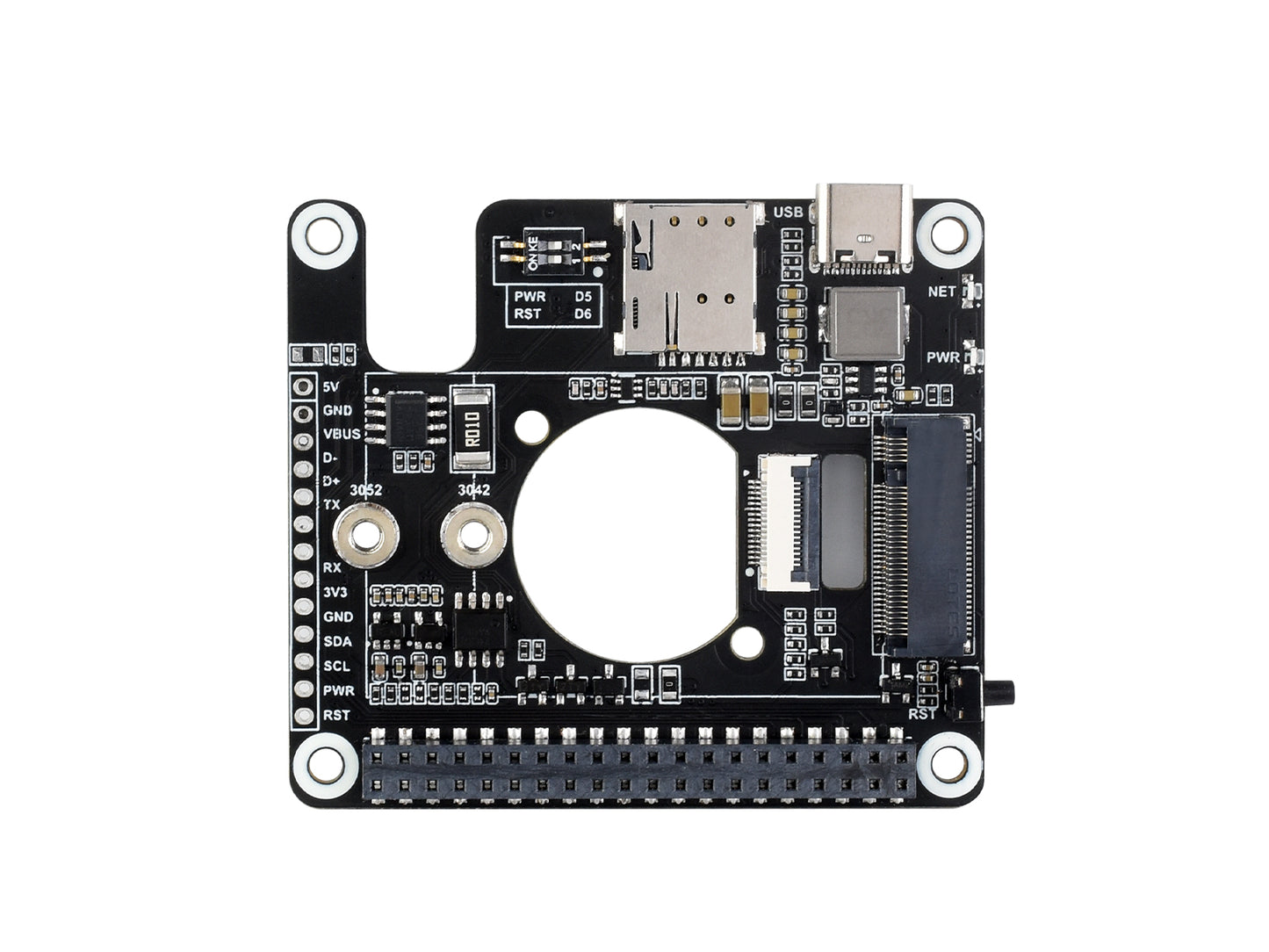 PCIe to 5G/4G/3G HAT designed for Raspberry Pi 5, Compatible with 3042/3052 packages SIMCom/Quectel 5G modules, Raspberry Pi 5 HAT, Options For 5G Module