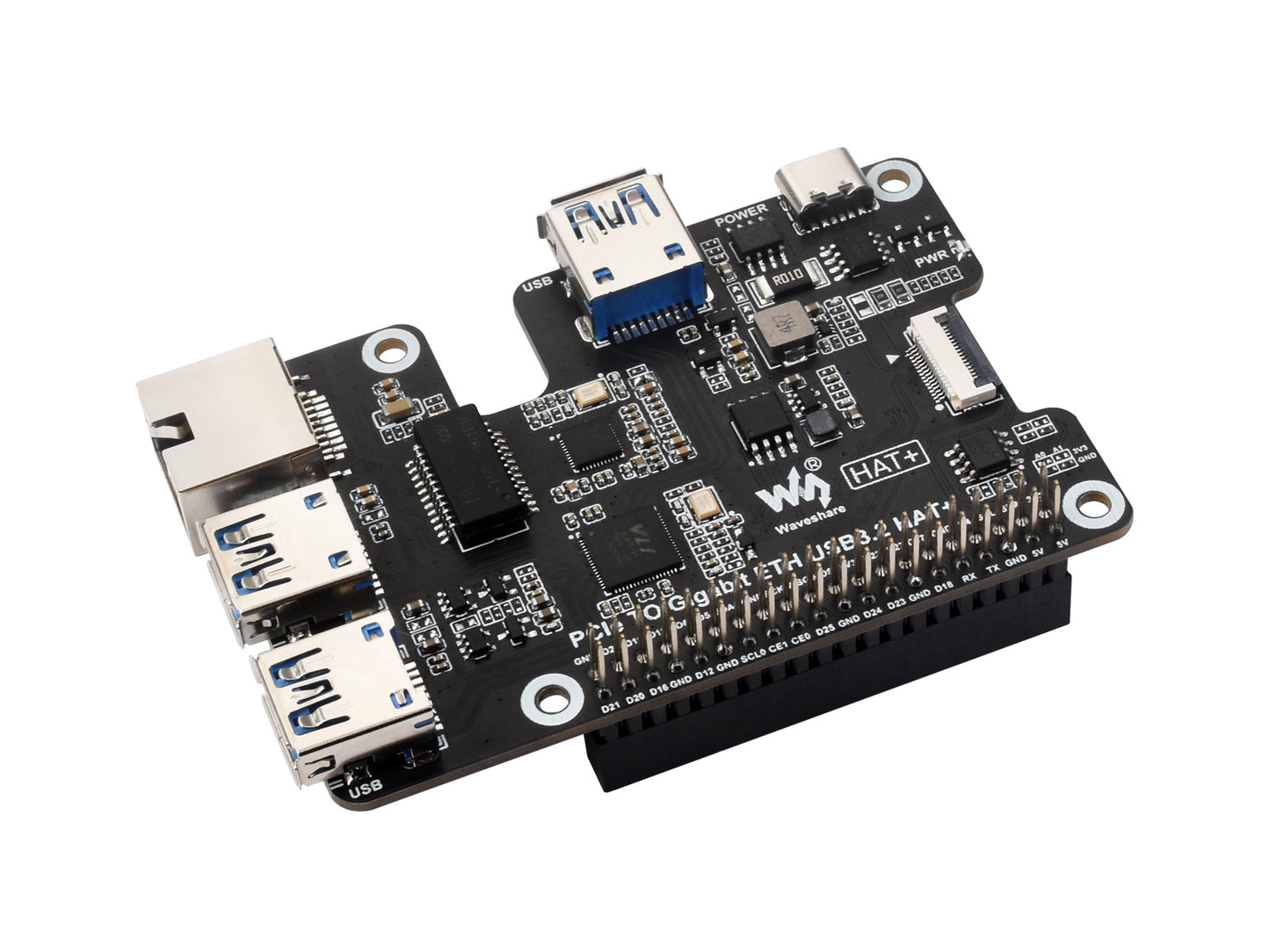 PCIe To Gigabit Ethernet And USB 3.2 Gen1 HAT For Raspberry Pi 5, 3x USB 3.2 Gen1, 1x Gigabit Ethernet, Driver-Free, Plug And Play, Raspberry Pi 5 PCIe HAT